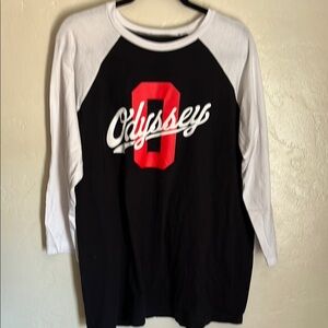 Black and White Raglan Shirt with Red Graphic